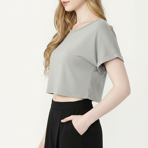Women Loose Fit Crop <b>Top</b> Short Sleeve Breathable Lightweight Casual T Shirt Summer Daily Wear Wholesale - Product Image 3