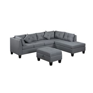 Divano imbottito grigio da 265,5 cm con chaise longue e pouf per soggiorno - Product Image 3