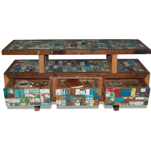 Meuble TV en bois de bateau récupéré, 3 tiroirs, style double plateau, patchwork, bois recyclé, design durable pour support TV - Product Image 4