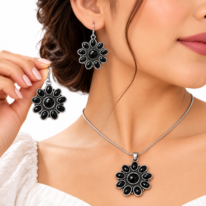 ARTS JEWELS Oxidiertes Silber Onyx Böhmisches Blumen-Schmuckset für Frauen |   Großhandel Mengenrabatt |   Direktvertrieb ab Werk OEM ODM Maßanfertigung - Product Image 2
