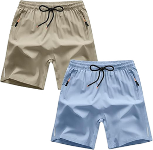 Shorts décontractés d'été pour hommes, légers et respirants, en tricot Spandex/Polyester, taille mi-haute avec cordon de serrage et empiècements logo sur le devant - Product Image 2