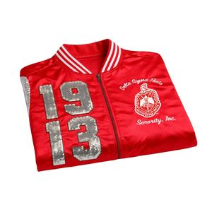 Giacca in Raso Rosso con Paillettes Delta Sigma Theta per Donne, Vestibilità Comoda, Tessuto Premium, Abbigliamento Casual per Confraternite Greche - Product Image 6