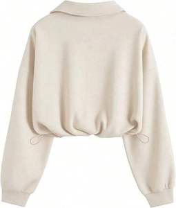 Women's Half Zip Collar Crop Adjustable Drawstring <b>Hem</b> Oversized Long Sleeve Pullover Cropped <b>Top</b> Sweatshirt - Product Image 2