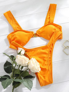Conjunto de Bikini Brillante de Color Sólido Personalizado para Mujer, Micro Tanga Estilo Brasileño, Traje de Baño de Verano - Product Image 3