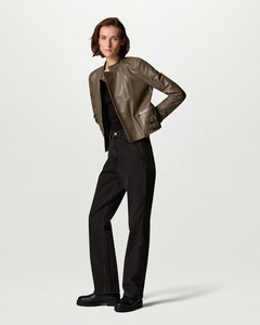 Veste Moto en Cuir Véritable pour Femme, Col Montant, Manches Longues, Fermeture Éclair, Couleur Unie, Mode Automne, Broderie - Product Image 5