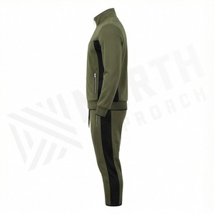 Ensemble de survêtement vert olive pour homme, fermeture éclair intégrale, col montant, vêtements de sport décontractés, respirant, en polyester et coton, design uni - Product Image 3