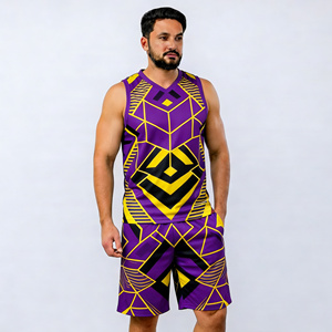 Men's White Orange Blue Geometric Tank Top And Shorts <b>Set</b> V-Neck Quick Dry <b>Knitted</b> Polyester Sporty Summer Outfit - Product Image 2