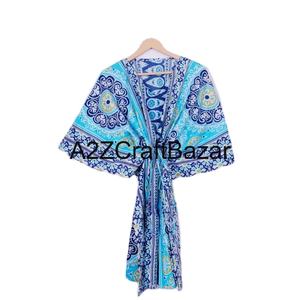 Kaftán Corto Hecho a Mano en India con Estampado Floral, Ecológico, Lavable, Ropa de Dormir Natural, Kimono, Vestido, Cubrebaño Corto para la Playa - Product Image 1