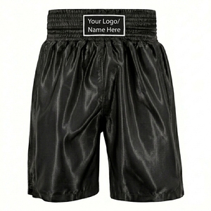 <b>Men's</b> Black Satin Boxing <b>Shorts</b> High Waist <b>Elastic</b> <b>Waistband</b> Custom Logo Front Sporty Style Breathable MMA Training <b>Shorts</b> - Product Image 1