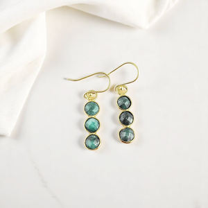 Pendientes colgantes con piedras preciosas de esmeralda redondas – Pendientes largos de esmeralda facetada hechos a mano para mujer - Product Image 1