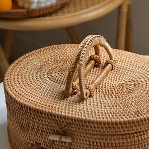 Rattan Eco-Friendly Mini Oval Storage <b>Basket</b> <b>with</b> <b>Lid</b> Handmade Woven Organizer <b>with</b> Handle for Food Storage Home Picnic - Product Image 1