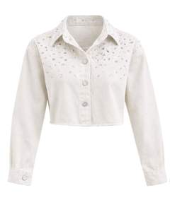 Veste en jean courte blanche personnalisée pour femme avec strass et fermeture boutonnée sur le devant, manches longues, style streetwear tendance pour soirée - Product Image 1