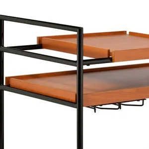 Chariot de bar minimaliste en bois avec structure métallique, chariot de service à trois niveaux avec roulettes et porte-bouteilles, forme rectangulaire, durable - Product Image 3