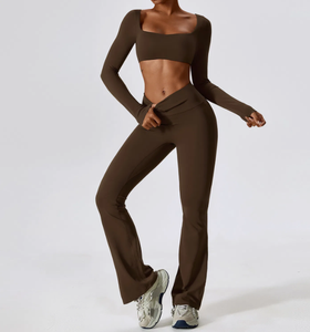 Women Black Seamless Yoga Sports Bra Set VNeck Racerback Medium Support Solid Color High Waist <b>Flared</b> <b>Leggings</b> - Product Image 3