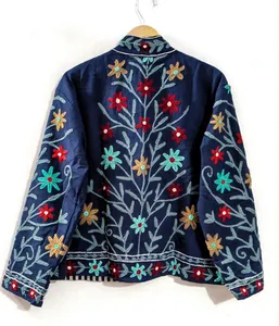 เสื้อแจ็คเก็ตปักลายดอกไม้สีน้ำเงินกรมท่า แขนยาว ปักลายด้วยมือ สไตล์จีนโบราณ ทรงหลวม - Product Image 3