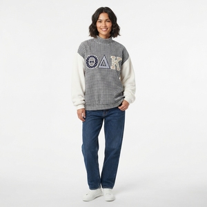 Sweat-shirt à col roulé pour femme, brodé de lettres grecques, coupe classique, en coton tricoté, style automne avec col à carreaux - Product Image 6