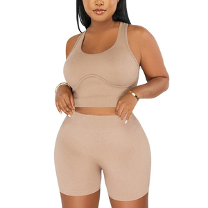 Seamless Eco-Friendly Spandex/Nylon 2 Piece Yoga Set High Waist Ribbed Sleeveless Leggings Sports Bra Backless Scoop Neck - Product Image 3