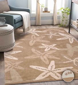 Tapis rectangulaire beige à motif étoile de mer, faible poils, fabriqué à la machine, idéal pour salon, convient aux animaux domestiques - Product Image 2