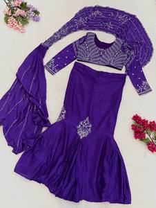 Ensemble Saree Lehenga Indien Brodé Violet avec Broderie Semi-Perles et Fil, Manches Longues, Dupatta en Tulle, pour Mariage, Diwali, Soirée, Longueur Ras du Sol - Product Image 4