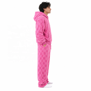 Wholesale Plush Fleece <b>Hooded</b> Sweatshirt Tracksuit Set Unisex Checker Texture <b>Zip</b> Hoodies Streetwear Relaxed Jogger Pants Bulk - Product Image 2