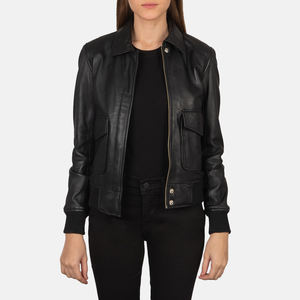 Chaqueta de Cuero Genuino Negro para Mujer, Estilo Motero, Cierre de Cremallera, Acolchada, Invierno, Bomber, Colores Personalizados, Logotipo Personalizado, Venta al Por Mayor, OEM - Product Image 3