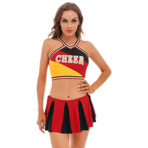 <b>Red</b> Black Yellow Cheerleading Uniform Set With <b>Glitter</b> Cheer Lettering Color Blocked Design Adult Performance Outfit - Product Image 2