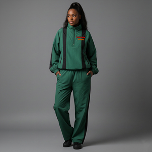 Women Green Tracksuit Set Full Length <b>Half</b>-<b>Zip</b> <b>Jacket</b> With Side Pockets Loose Fit Casual Autumn Wear 100% Polyester Solid Color - Product Image 1