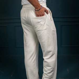 Men's <b>White</b> Cotton Mid Weight Front Logo Sweatpants Elastic Waist Drawstring Pockets Regular Fit Winter Solid Color Joggers - Product Image 4