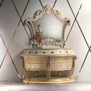 Luxury hand carved cream wooden dressing <b>table</b> set with expansive vanity <b>mirror</b>, available at wholesale prices. - Product Image 4