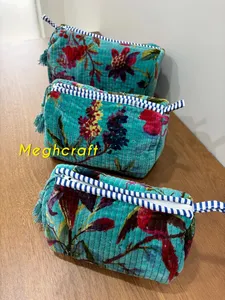 Velvet Quilted Toiletry <b>Bag</b> <b>Set</b> of 3 Block Print <b>Bags</b> Toiletry <b>Bag</b> Cosmetic <b>Bags</b> for Women Water proof Polythene with 4 Pocket - Product Image 4