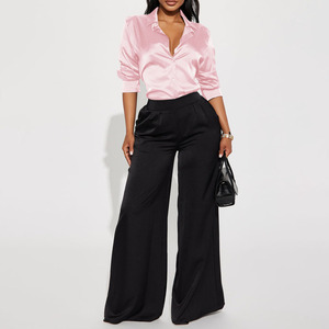Best Selling Office Wear Pink Casual Autumn Sporty Button Solid Satin Long Sleeve Shirt Women's Wholesale Silk Feel Siren Blouse - Product Image 3