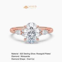 Bague de fiançailles de luxe en argent plaqué or rose avec moissanite taille ovale, accent feuille, bijoux de mariée élégants, cadeau d'anniversaire de mariage