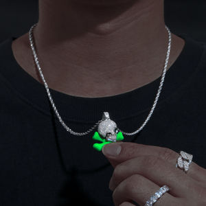 Iced Out Skull and Crossbones Glow Green Moissanite Pendant Necklace Hip Hop Punk Jewelry for Men Women Party - Product Image 1