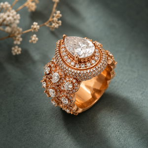 18ct Rose <b>Gold</b> Diamond Pear Halo <b>Cocktail</b> <b>Ring</b> for Women Luxury High Polish Bridal Wedding Engagement Party Gift Jewelry - Product Image 2