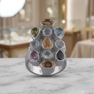 925 Sterling Silver Blue Topaz Multicolor Gemstone Statement Ring Handmade Vintage Jewelry Women's Fashion Wholesale - Product Image 3