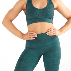 Women's Seamless High Waist Yoga Set Solid Teal Racerback Sports Bra Full Length Leggings Four-Way Stretch 2 Piece - Product Image 4