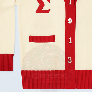 custom |Delta| sorority DST ivory and Red Varsity <b>Cardigan</b> Sweater for Men and Women Custom Letter Embroidery Knit Button up - Product Image 3