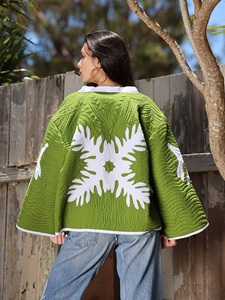 Handcrafted Premium Quality Cotton Green Color <b>White</b> Leaf Patch Work Open Front Sleeve Outwear Comfortable For Women's Wear - Product Image 4