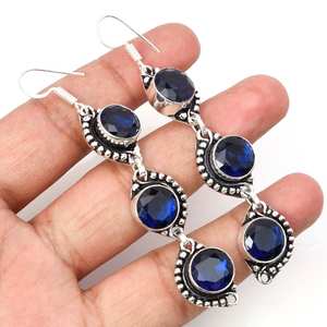 Boucles d'oreilles pendantes en saphir bleu faites à la main, en argent sterling 925, bijoux en pierres précieuses naturelles pour femmes, vente en gros, cadeau - Product Image 1