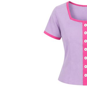 Conjunto de dos piezas de shorts para mujer en lavanda y rosa, top con cuello cuadrado y botones, bordado de oso de peluche, ribete en contraste, informal, de algodón, para verano. - Product Image 3