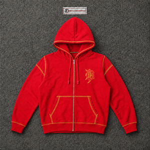 Red Gothic Zip Up <b>Hoodie</b> With Gold Contrast <b>Stitching</b> Oversized Streetwear Embroidered Logo Unisex Custom Punk Fashion Wear Fit - Product Image 5