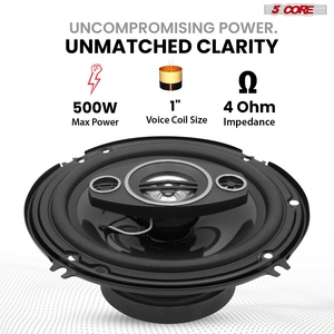 Haut-parleurs de porte de voiture coaxiaux 2 voies 500W 4 ohms 6,5 pouces avec cône en polypropylène et dôme métallique, 5 Core CS 06 2W WoG, avec super tweeter - Paire - Product Image 2