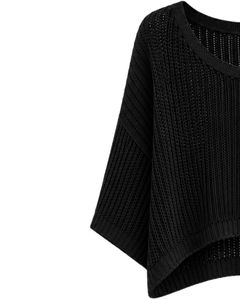 Pull court tricoté noir pour femme, coupe ample, manches courtes, léger et respirant, idéal pour l'été, style décontracté et tendance - Product Image 3