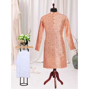 Kurta de trabajo con estampado de seda para hombre con melocotón Payjama Ropa formal Lavado de colores - Product Image 1