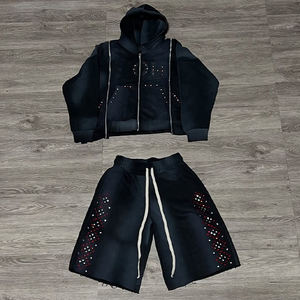 Customize Men's Hoodie Vintage Acid Wash Sun Fade Printed Rhinestone hoodie <b>shorts</b> Heavyweight Cotton hoodie Sweat <b>suit</b> - Product Image 5