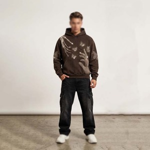 Sweat-shirt à capuche pour homme, coupe oversize, imprimé personnalisé avec strass, en polaire, pour l'automne, style streetwear, en vente - Product Image 4