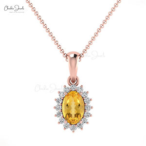 Pendentif de luxe en citrine taille ovale, or fin 14 carats, authentique, 0,54 carat total, avec halo de pierres précieuses et diamants, produit très apprécié, en promotion - Product Image 2