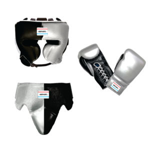 Custom Made Factory Manufacture Genuine Cowhide Leather Boxing Set Professional Pro Punching Silver & Black Printed Boxing Set - Product Image 1