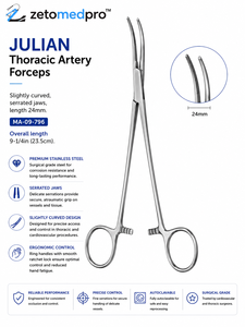 Pinzas para Arteria Torácica JULIAN, Ligeramente Curvadas, Mordazas Dentadas, Longitud 24 mm, Modelo MA-09-796, Totalmente 9-1/4 pulgadas (23.5 cm), ZETOMEDPRO - Product Image 4