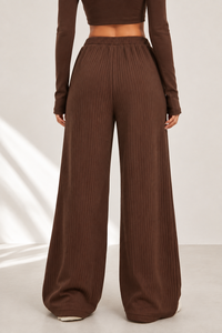 Women Brown Knitted Wide Leg <b>Pants</b> High Waist Loose Fit Full Length Casual Solid Color Elastic Waist Spandex Cotton Sweatpants - Product Image 2